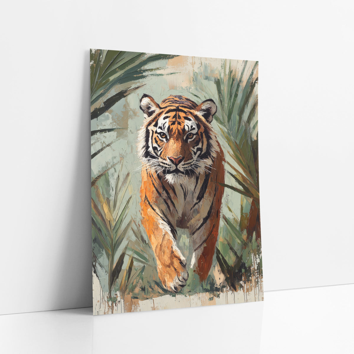 Prowling Tiger Palm Fronds Boho art print leaning against a white wall – tiger walking toward the viewer through green palm