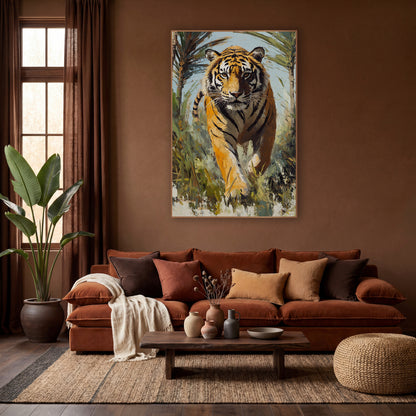 Striding Tiger Palm Jungle Wildlife wall art in a warm boho-style room – orange striped tiger walking toward