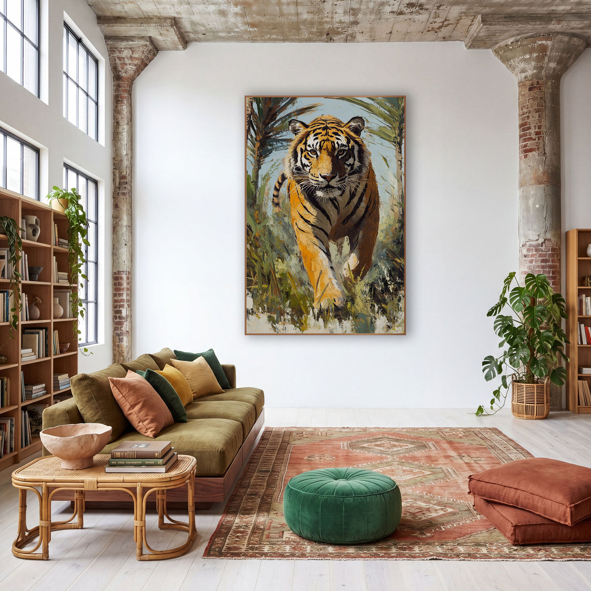 Striding Tiger Palm Jungle Wildlife wall art in a warm boho-style room – orange striped tiger walking toward