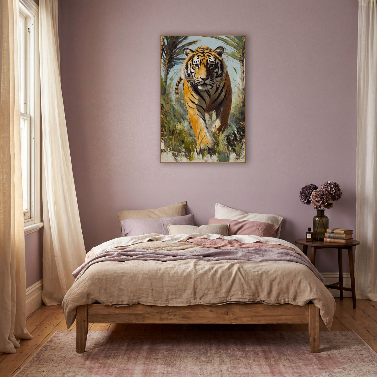 Striding Tiger Palm Jungle Wildlife wall art in a warm boho-style room – orange striped tiger walking toward