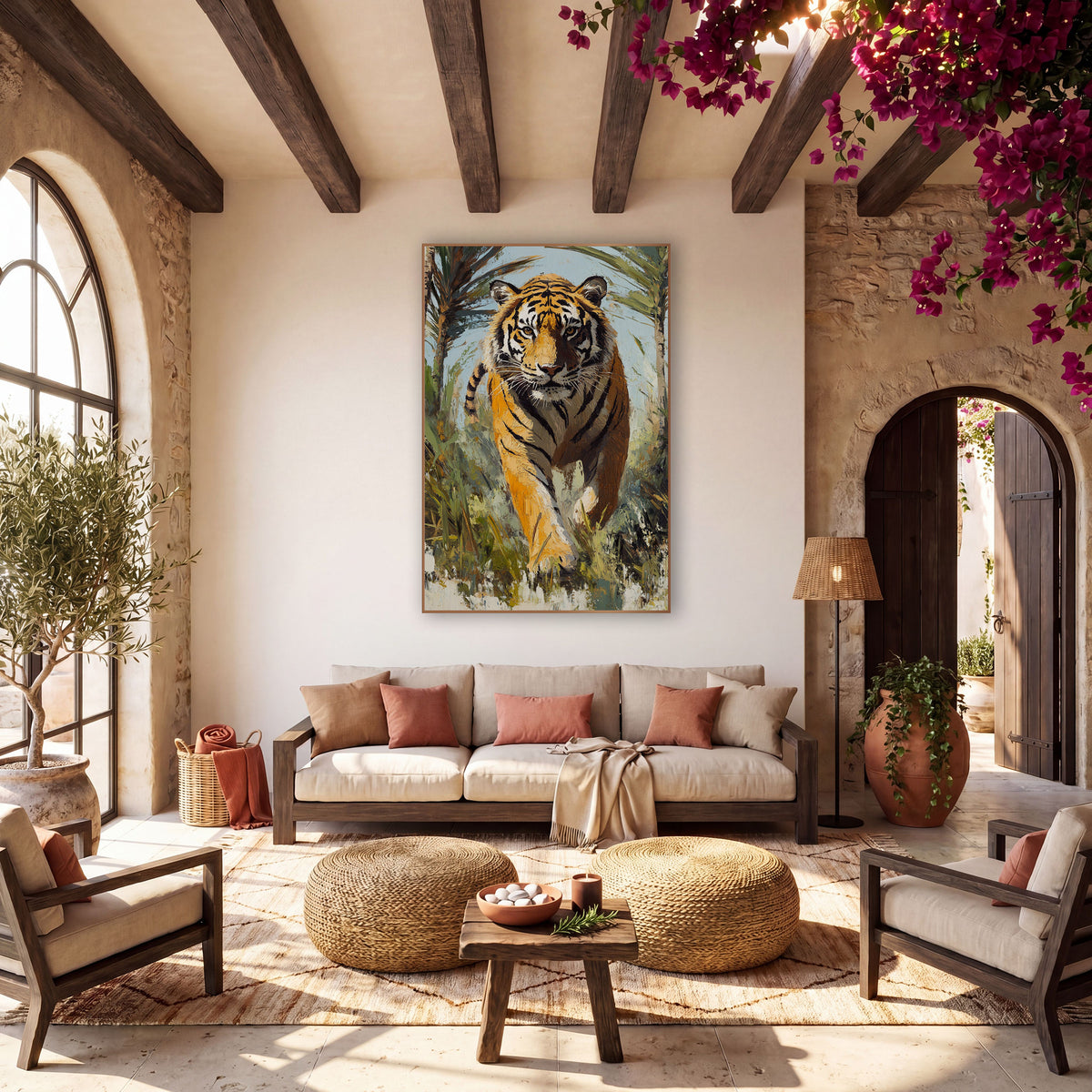 Striding Tiger Palm Jungle Wildlife wall art in a warm boho-style room – orange striped tiger walking toward