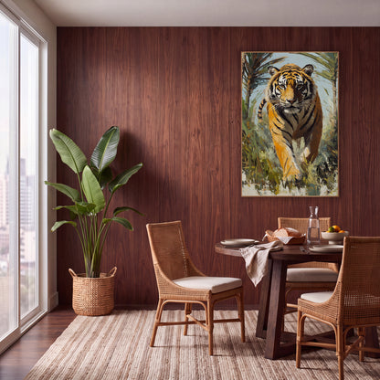 Striding Tiger Palm Jungle Wildlife wall art in a warm boho-style room – orange striped tiger walking toward