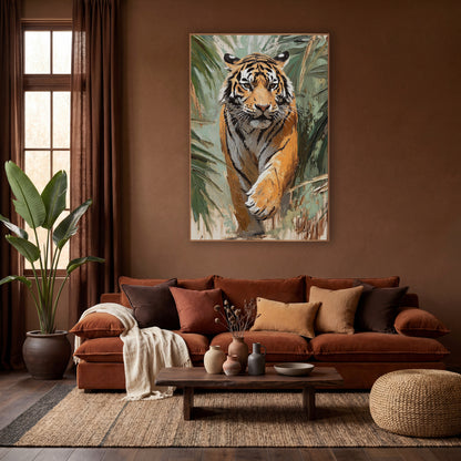 Walking Tiger Palm Frond Boho wall art in a warm boho-style room – tiger walking toward the viewer through green palm