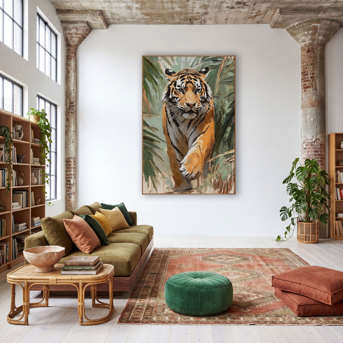 Walking Tiger Palm Frond Boho wall art in a warm boho-style room – tiger walking toward the viewer through green palm