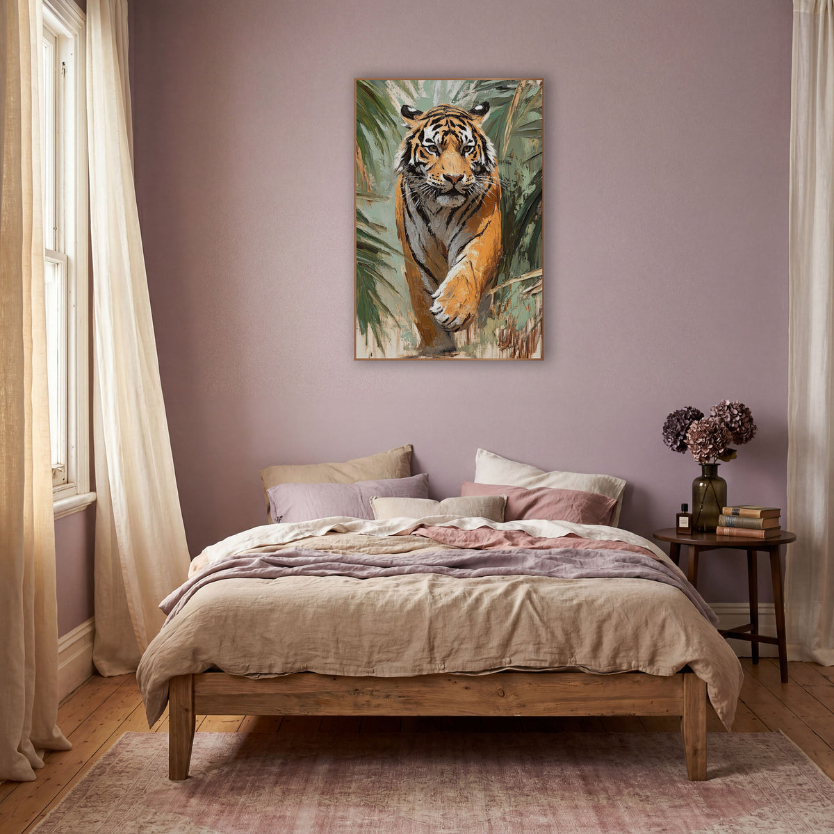 Walking Tiger Palm Frond Boho wall art in a warm boho-style room – tiger walking toward the viewer through green palm