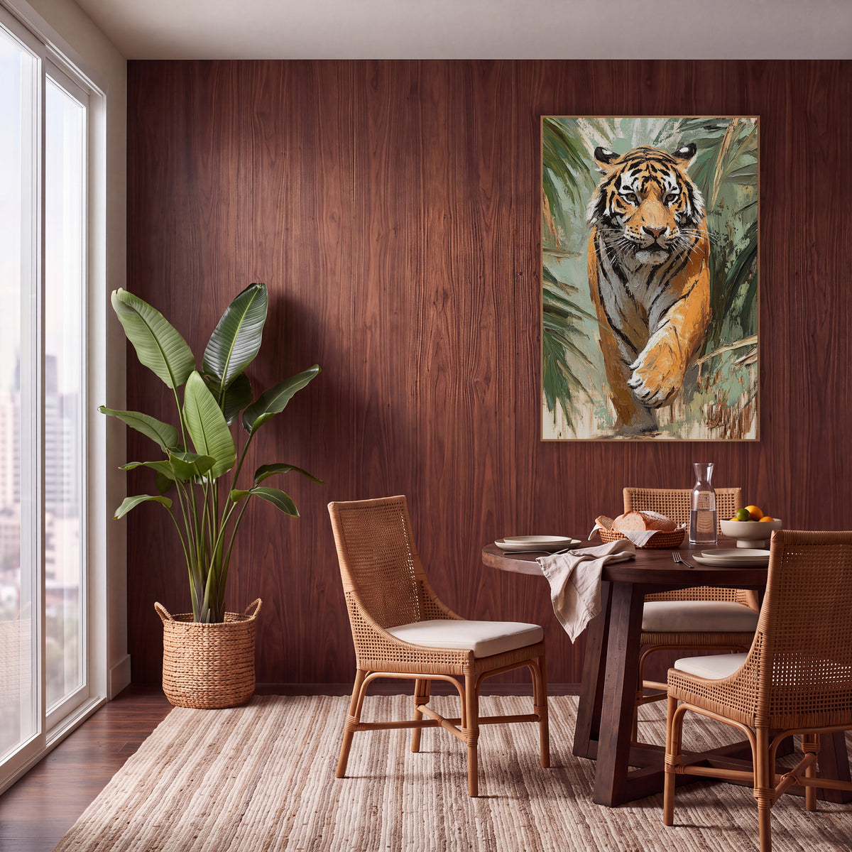 Walking Tiger Palm Frond Boho wall art in a warm boho-style room – tiger walking toward the viewer through green palm