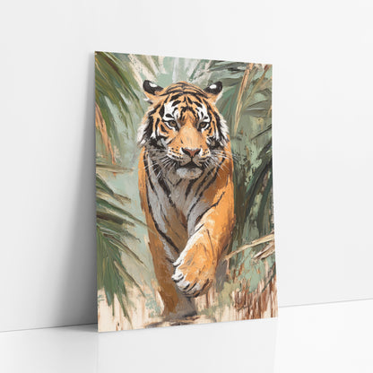 Walking Tiger Palm Frond Boho art print leaning against a white wall – tiger walking toward the viewer through green palm