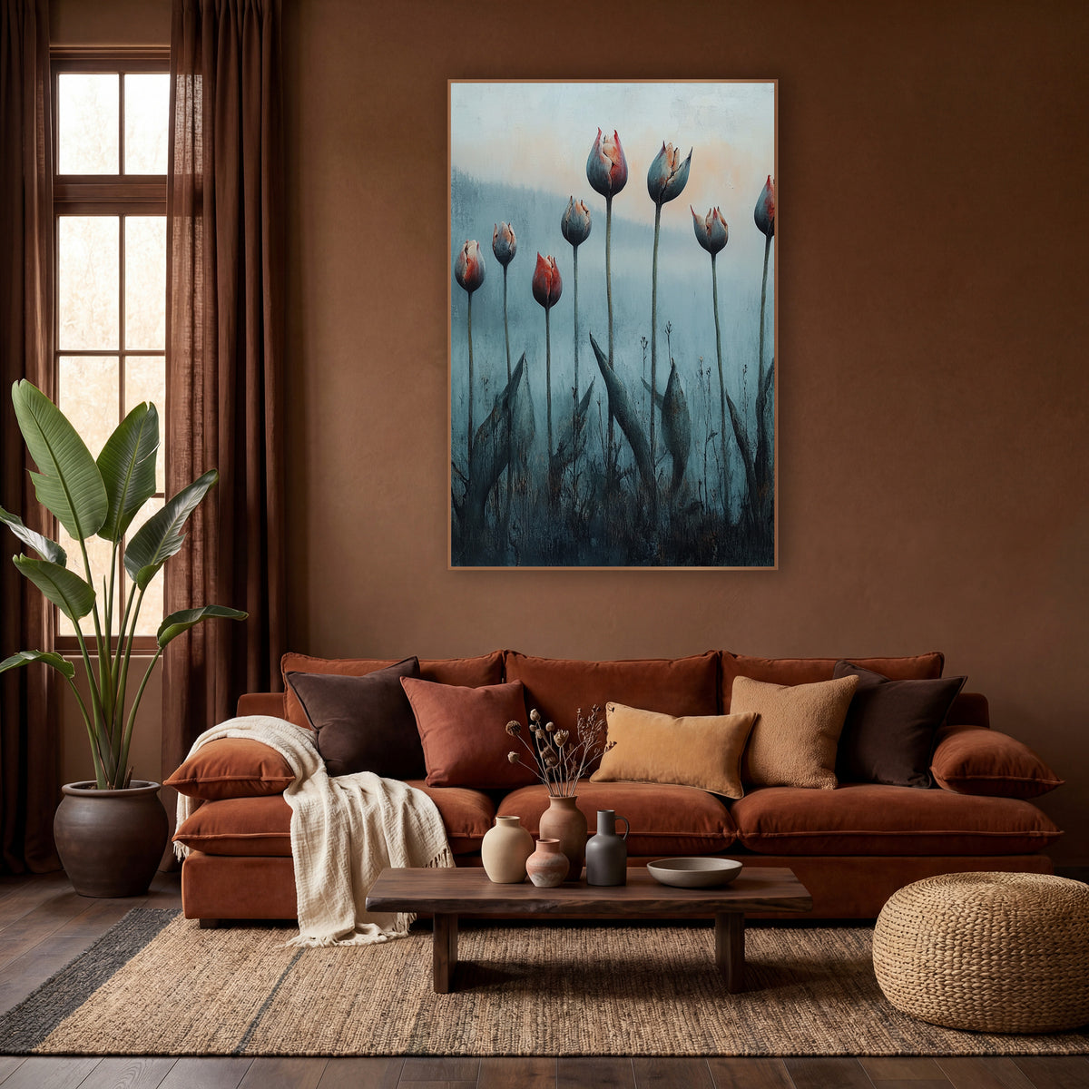 Tall Tulip Row Mist Painterly wall art in a warm boho-style room – eight red and gray tulip buds on tall stems in blue
