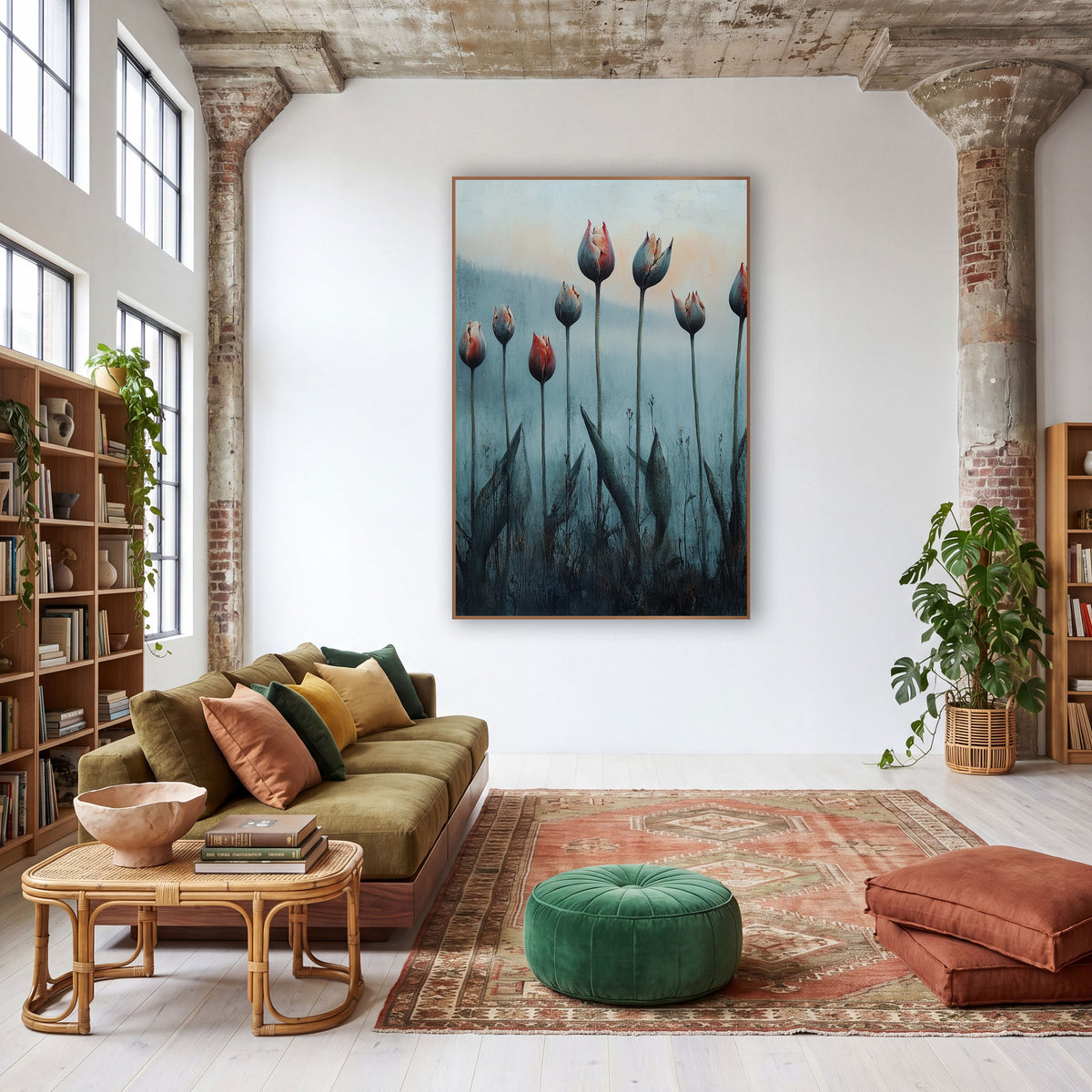 Tall Tulip Row Mist Painterly wall art in a warm boho-style room – eight red and gray tulip buds on tall stems in blue
