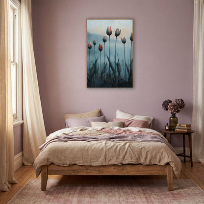 Tall Tulip Row Mist Painterly wall art in a warm boho-style room – eight red and gray tulip buds on tall stems in blue