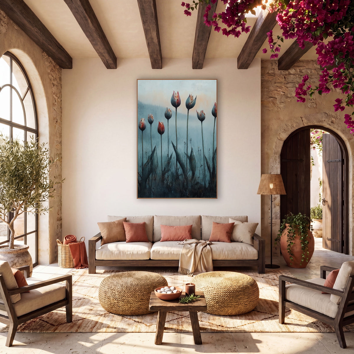 Tall Tulip Row Mist Painterly wall art in a warm boho-style room – eight red and gray tulip buds on tall stems in blue