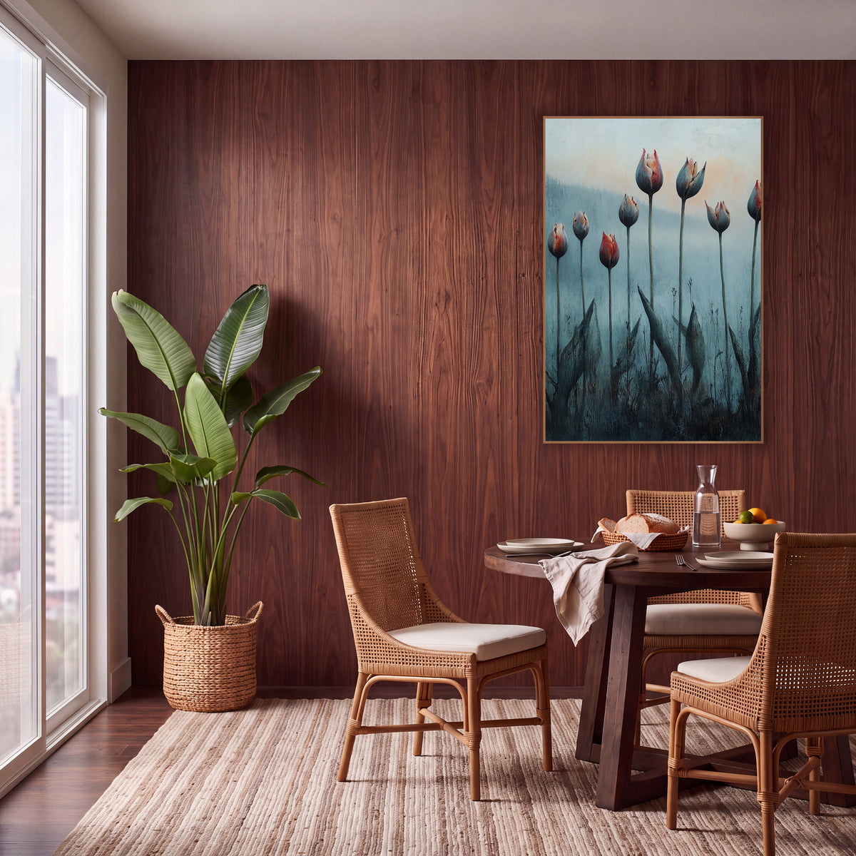 Tall Tulip Row Mist Painterly wall art in a warm boho-style room – eight red and gray tulip buds on tall stems in blue