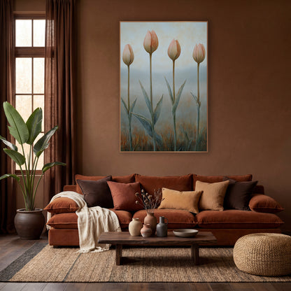 Soft Peach Tulip Buds Botanical wall art in a warm boho-style room – four closed peach tulip buds on tall stems