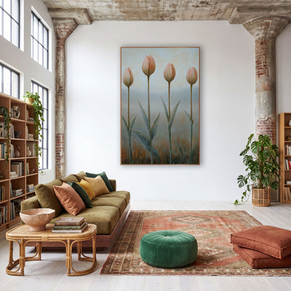 Soft Peach Tulip Buds Botanical wall art in a warm boho-style room – four closed peach tulip buds on tall stems