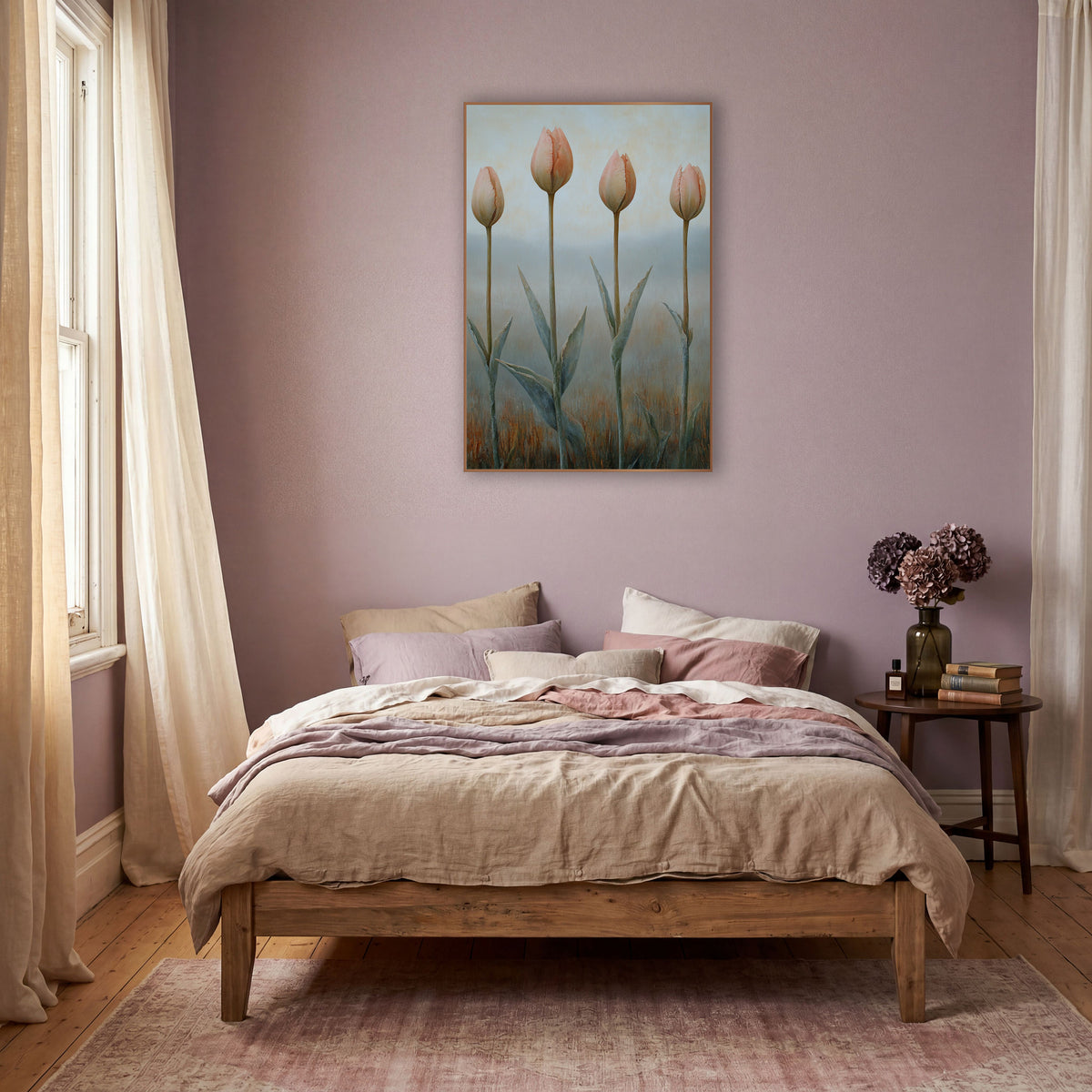 Soft Peach Tulip Buds Botanical wall art in a warm boho-style room – four closed peach tulip buds on tall stems