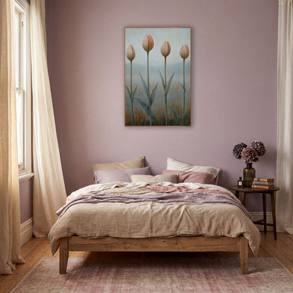 Soft Peach Tulip Buds Botanical wall art in a warm boho-style room – four closed peach tulip buds on tall stems
