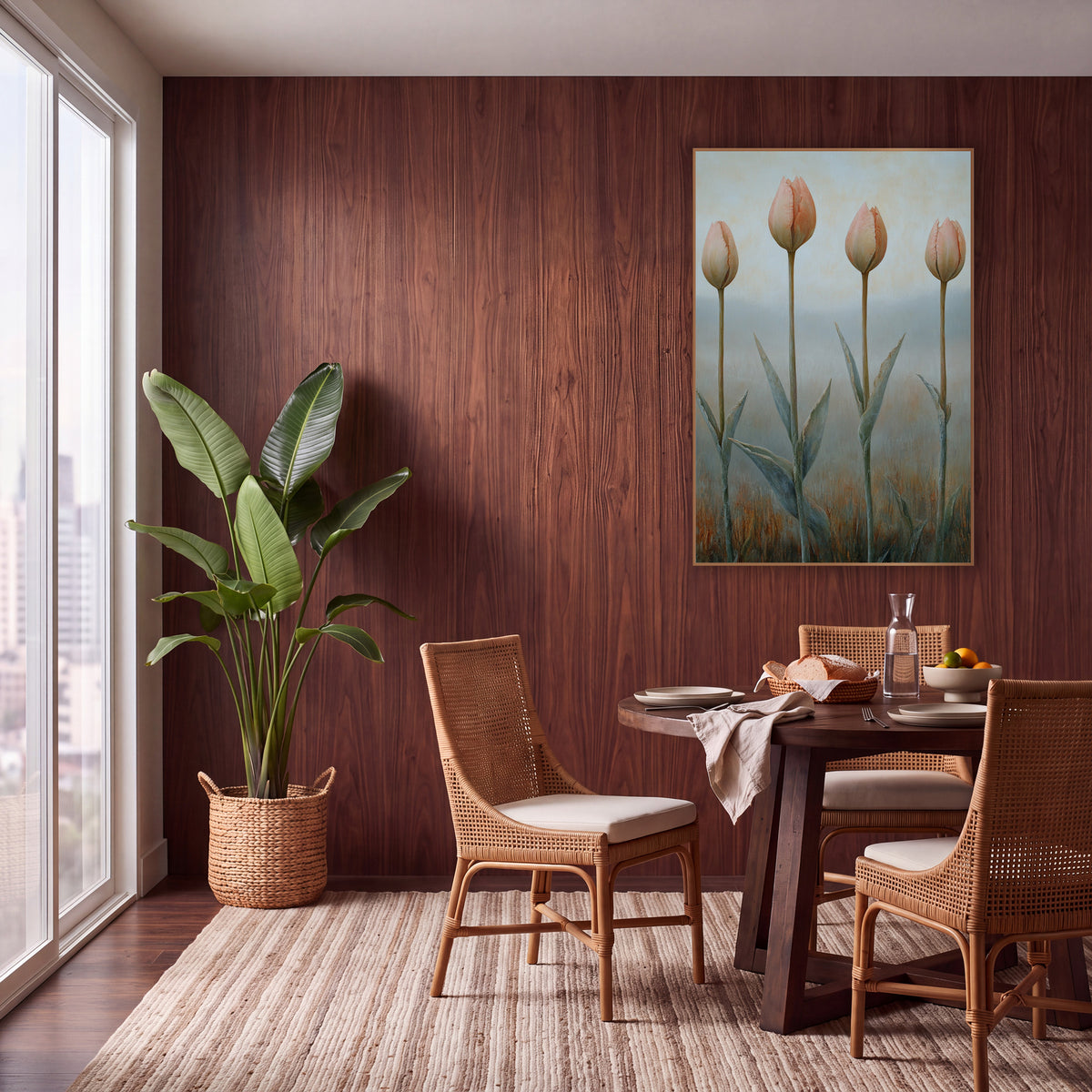 Soft Peach Tulip Buds Botanical wall art in a warm boho-style room – four closed peach tulip buds on tall stems