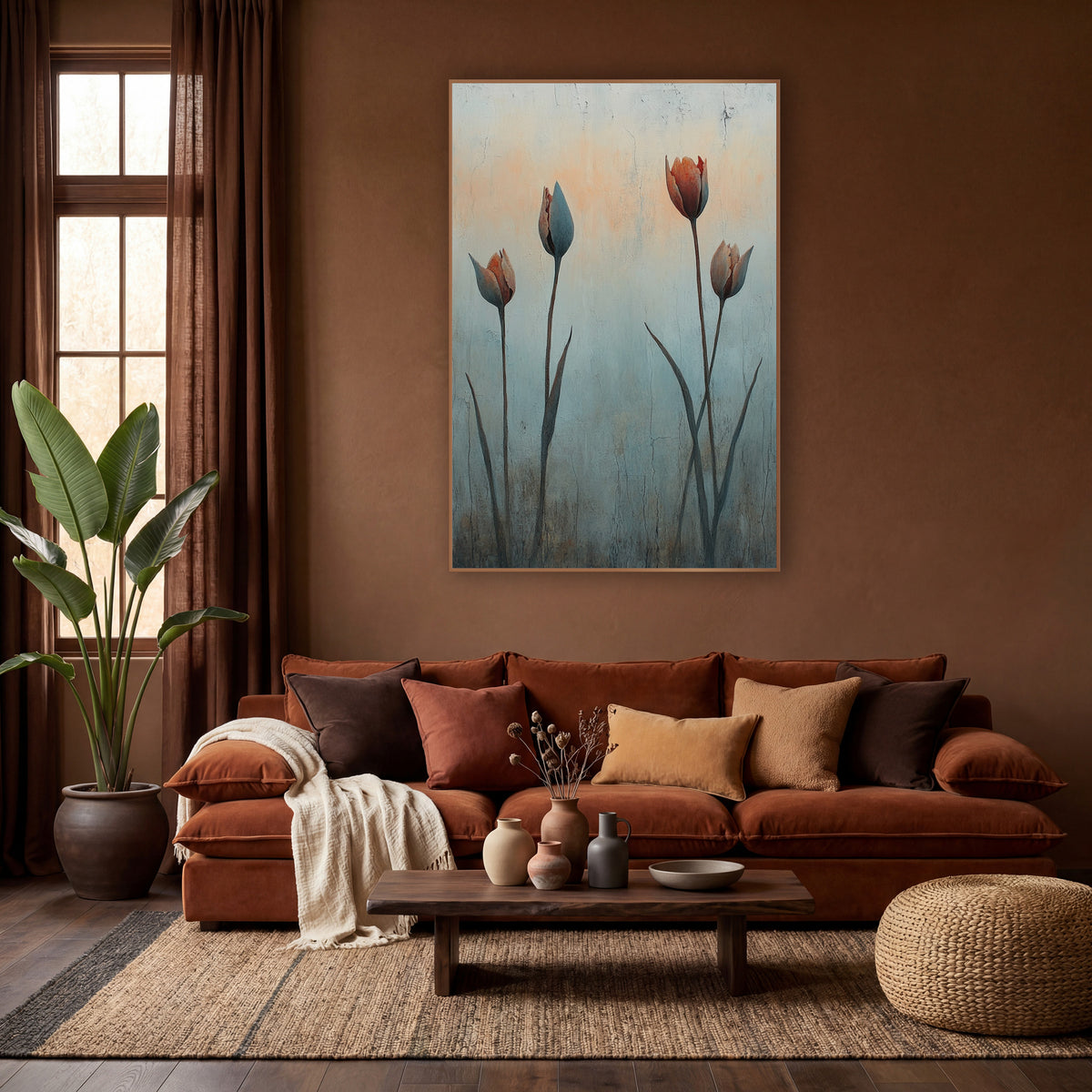 Four Rust Tulips Cracked Plaster wall art in a warm boho-style room – four tulip buds in rust and slate blue on tall