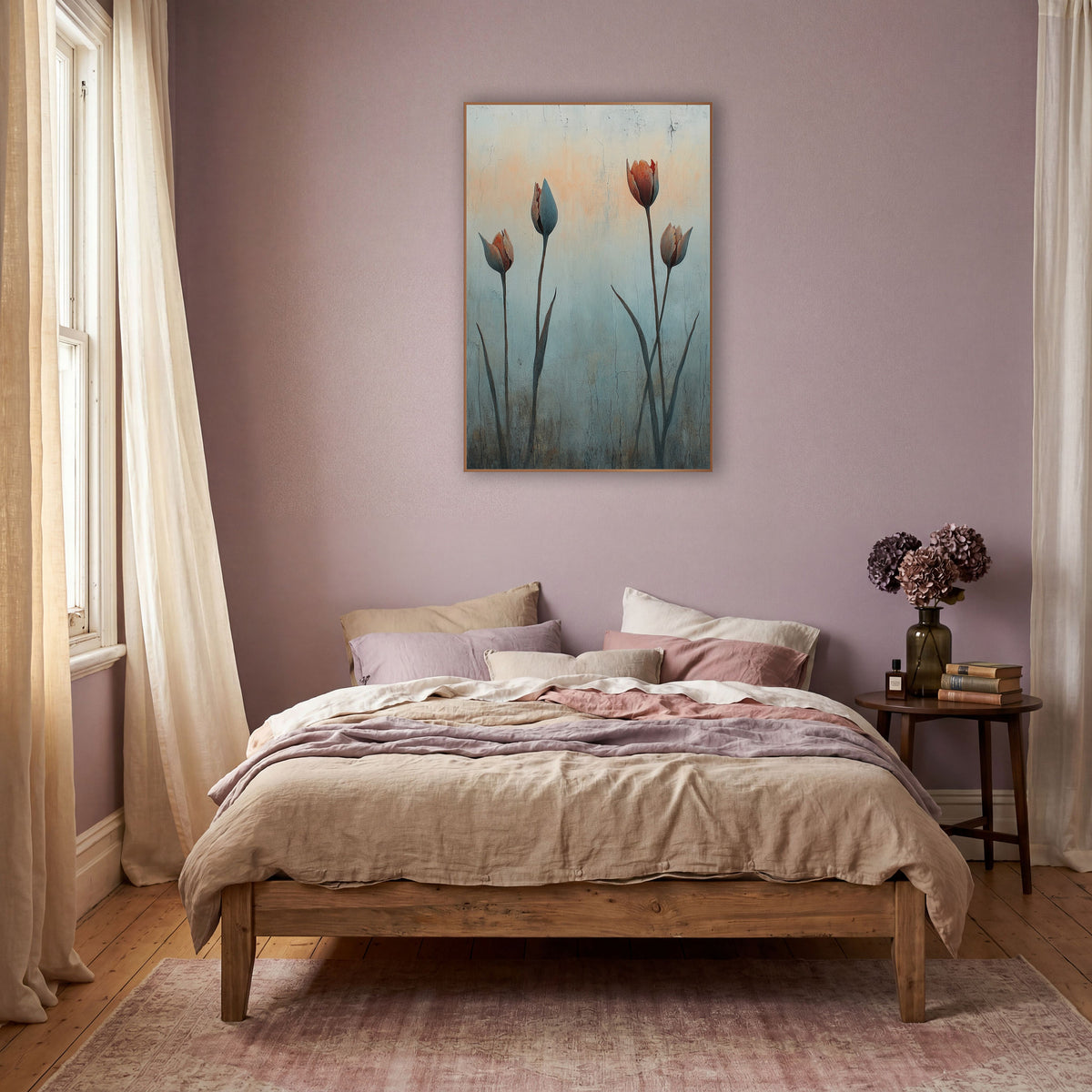 Four Rust Tulips Cracked Plaster wall art in a warm boho-style room – four tulip buds in rust and slate blue on tall