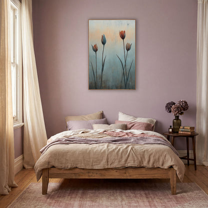 Four Rust Tulips Cracked Plaster wall art in a warm boho-style room – four tulip buds in rust and slate blue on tall