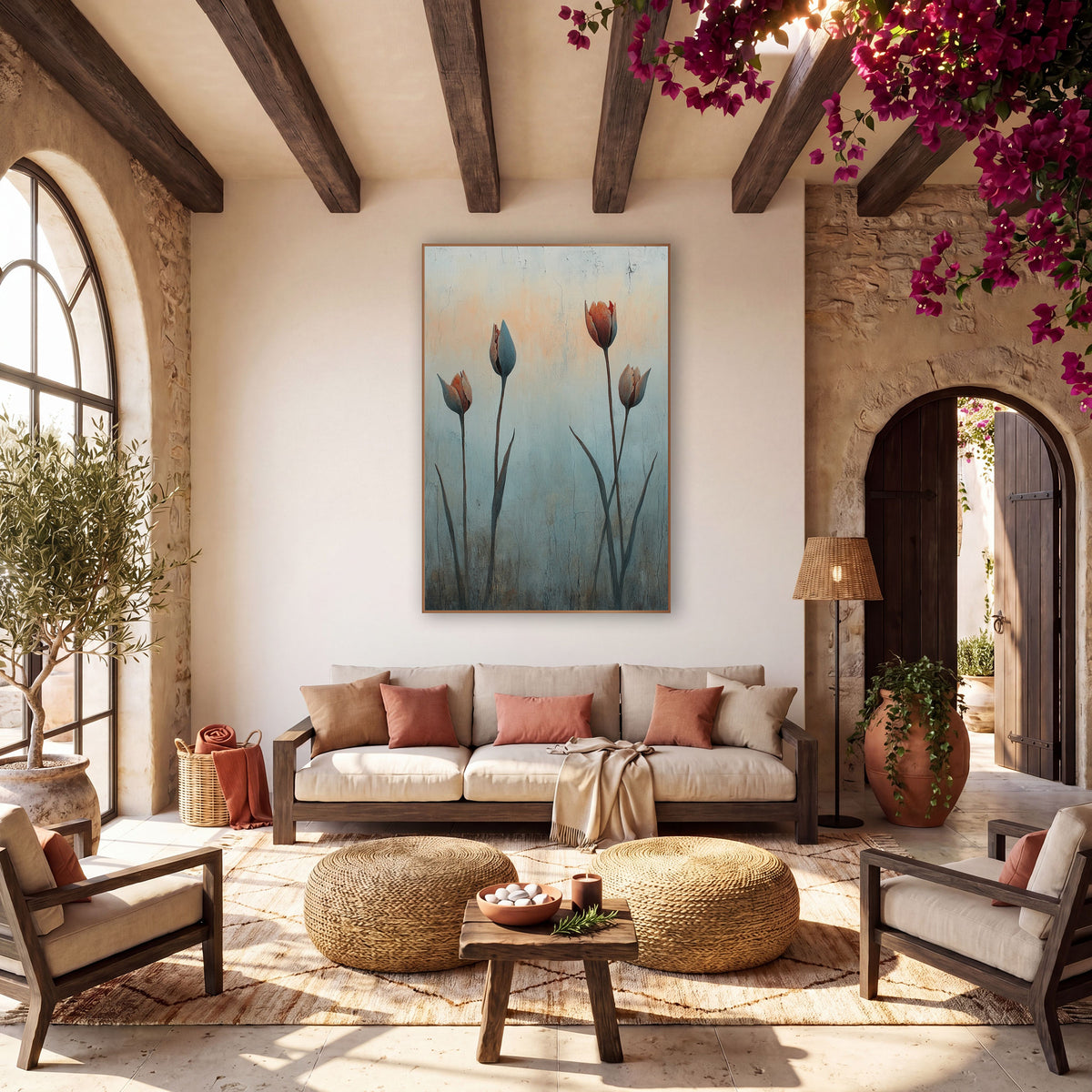 Four Rust Tulips Cracked Plaster wall art in a warm boho-style room – four tulip buds in rust and slate blue on tall