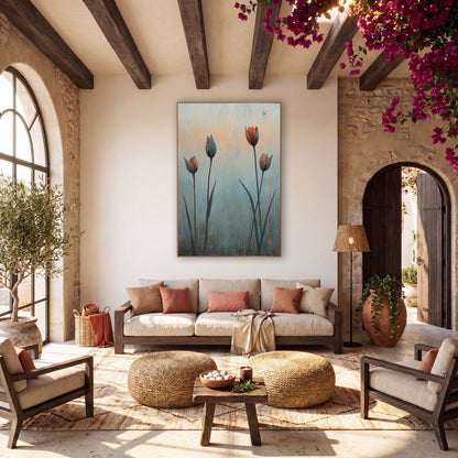 Four Rust Tulips Cracked Plaster wall art in a warm boho-style room – four tulip buds in rust and slate blue on tall