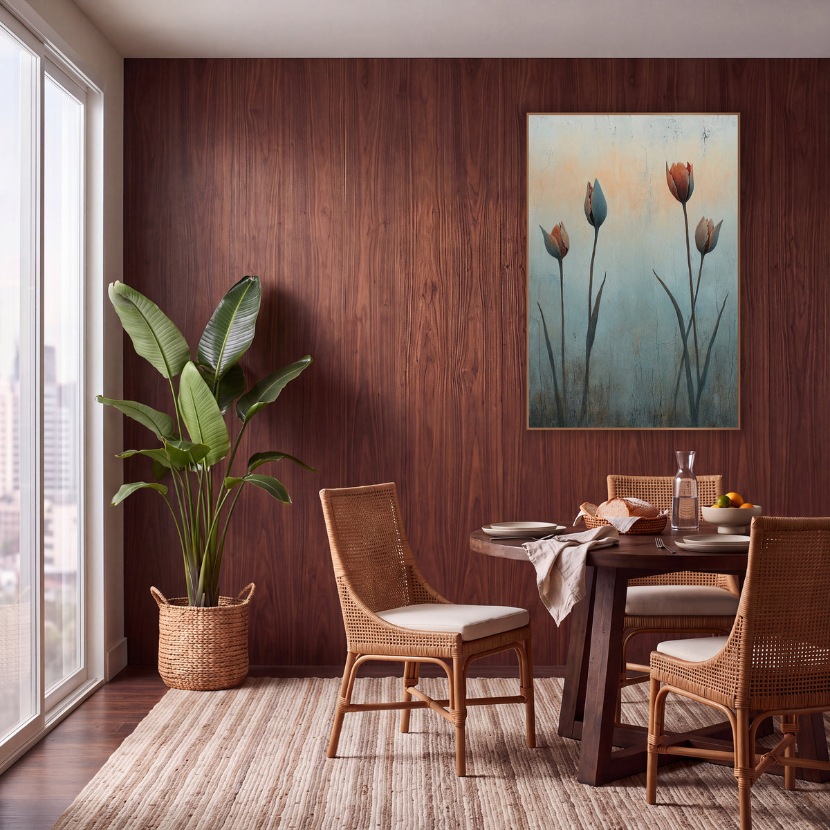 Four Rust Tulips Cracked Plaster wall art in a warm boho-style room – four tulip buds in rust and slate blue on tall