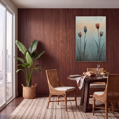 Four Rust Tulips Cracked Plaster wall art in a warm boho-style room – four tulip buds in rust and slate blue on tall