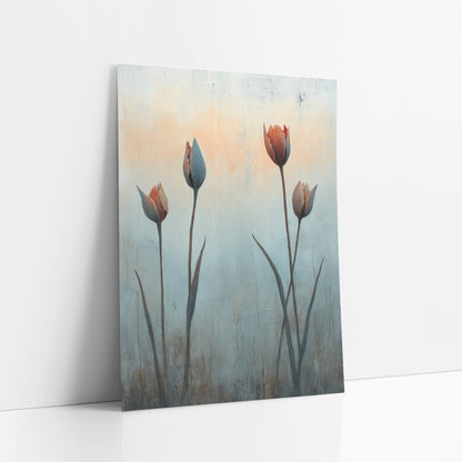 Four Rust Tulips Cracked Plaster art print leaning against a white wall – four tulip buds in rust and slate blue on tall