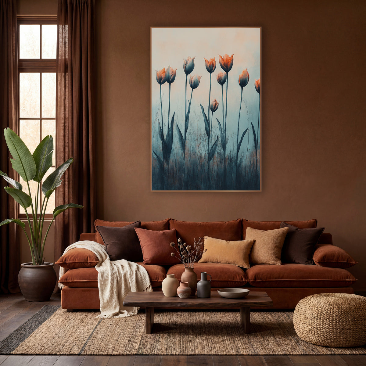 Coral Tulips in Mist Botanical wall art in a warm boho-style room – coral and blue-gray tulips on tall thin stems