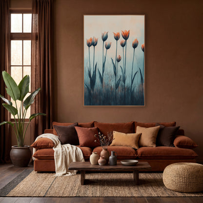 Coral Tulips in Mist Botanical wall art in a warm boho-style room – coral and blue-gray tulips on tall thin stems