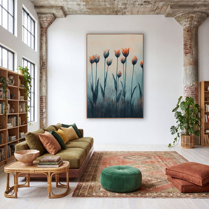 Coral Tulips in Mist Botanical wall art in a warm boho-style room – coral and blue-gray tulips on tall thin stems