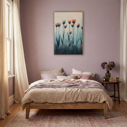 Coral Tulips in Mist Botanical wall art in a warm boho-style room – coral and blue-gray tulips on tall thin stems