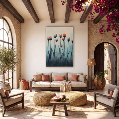 Coral Tulips in Mist Botanical wall art in a warm boho-style room – coral and blue-gray tulips on tall thin stems