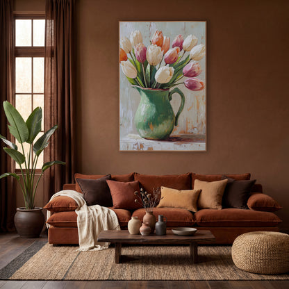 Soft Tulip Bouquet Green Pitcher Boho wall art in a warm boho-style room – cream, peach and pink tulips leaning out