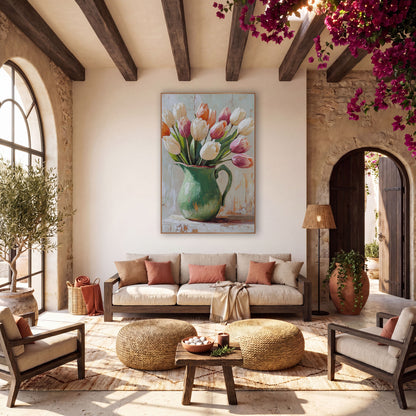 Soft Tulip Bouquet Green Pitcher Boho wall art in a warm boho-style room – cream, peach and pink tulips leaning out