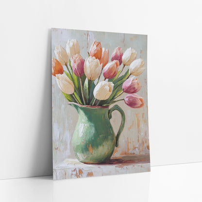 Soft Tulip Bouquet Green Pitcher Boho art print leaning against a white wall – cream, peach and pink tulips leaning out