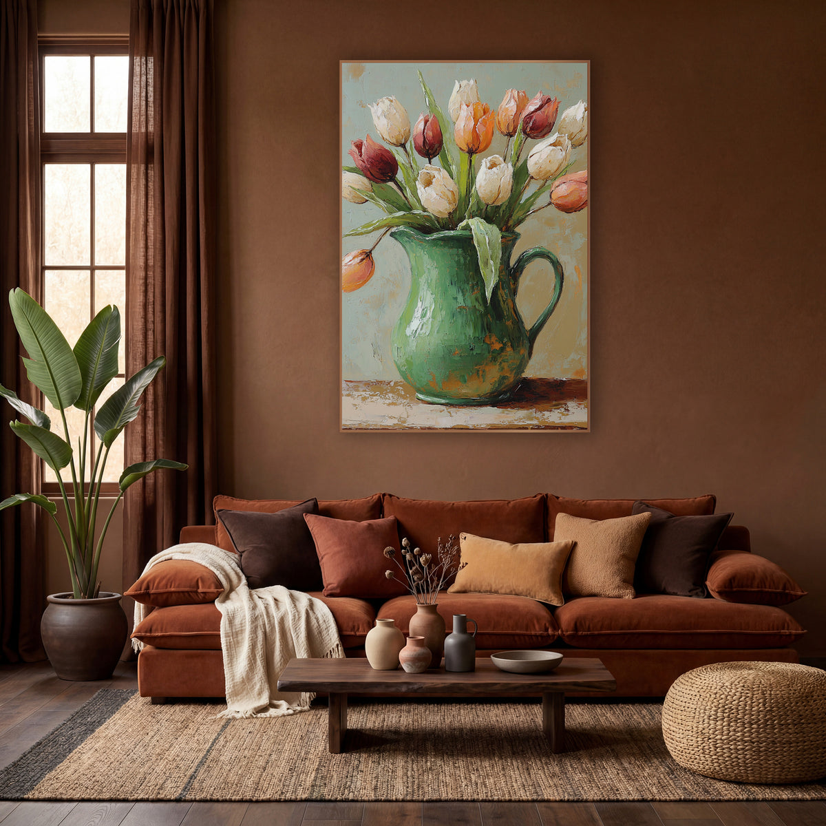 Cream and Rust Tulips Pitcher Boho wall art in a warm boho-style room – cream, rust red and orange tulips leaning