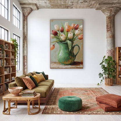 Cream and Rust Tulips Pitcher Boho wall art in a warm boho-style room – cream, rust red and orange tulips leaning