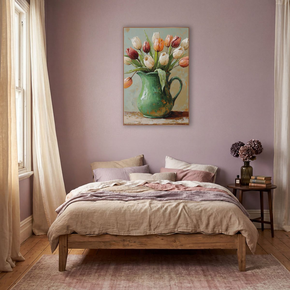 Cream and Rust Tulips Pitcher Boho wall art in a warm boho-style room – cream, rust red and orange tulips leaning