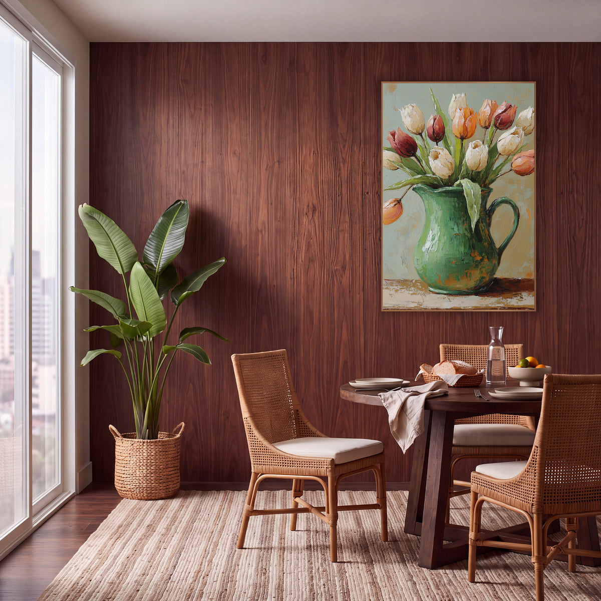 Cream and Rust Tulips Pitcher Boho wall art in a warm boho-style room – cream, rust red and orange tulips leaning