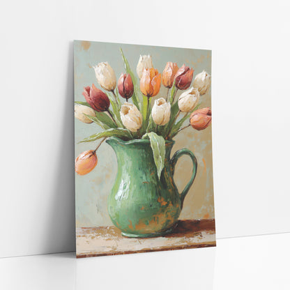 Cream and Rust Tulips Pitcher Boho art print leaning against a white wall – cream, rust red and orange tulips leaning