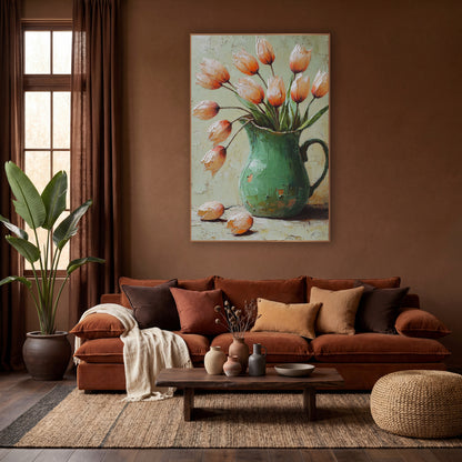 Peach Tulips Green Pitcher Bohemian wall art in a warm boho-style room – peach-orange tulips leaning out of a chipped