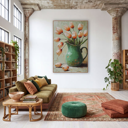 Peach Tulips Green Pitcher Bohemian wall art in a warm boho-style room – peach-orange tulips leaning out of a chipped