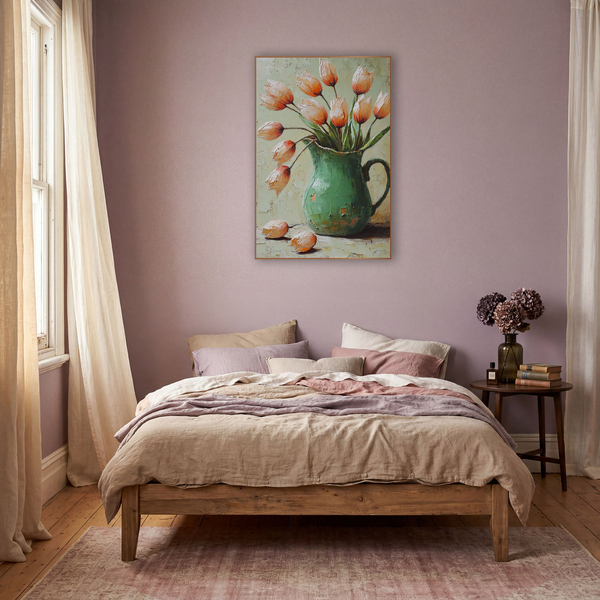 Peach Tulips Green Pitcher Bohemian wall art in a warm boho-style room – peach-orange tulips leaning out of a chipped