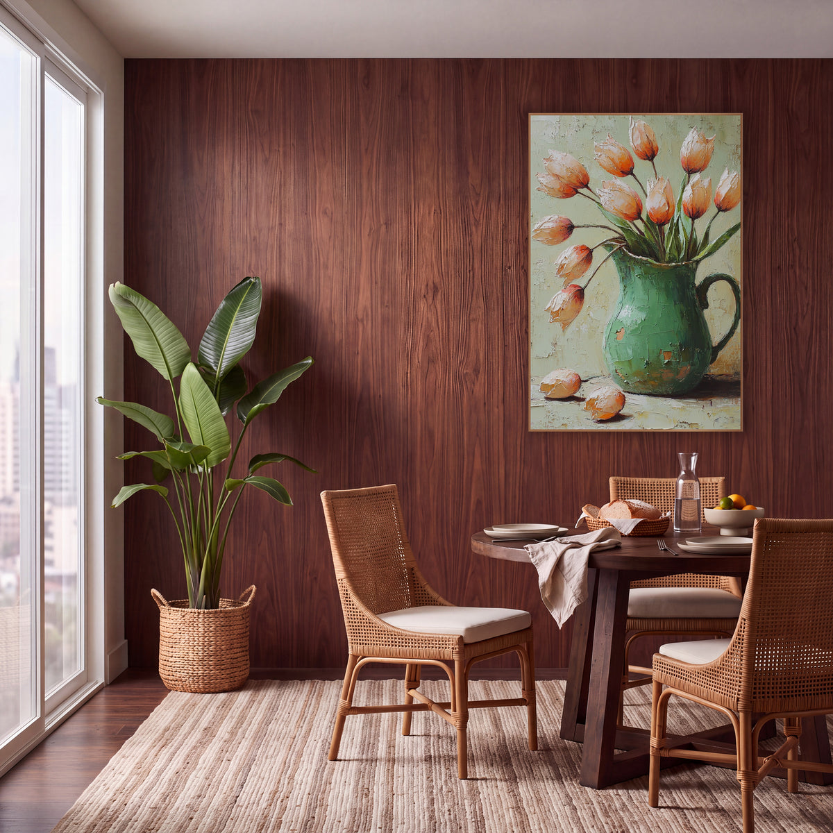 Peach Tulips Green Pitcher Bohemian wall art in a warm boho-style room – peach-orange tulips leaning out of a chipped