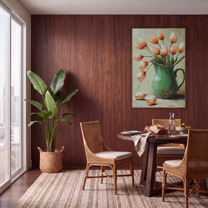 Peach Tulips Green Pitcher Bohemian wall art in a warm boho-style room – peach-orange tulips leaning out of a chipped