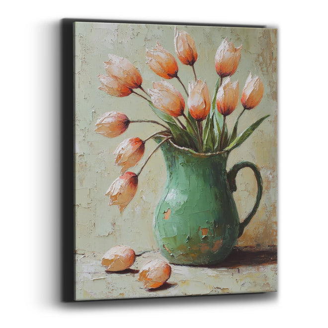 Peach Tulips Green Pitcher Bohemian Canvas Wall Art
