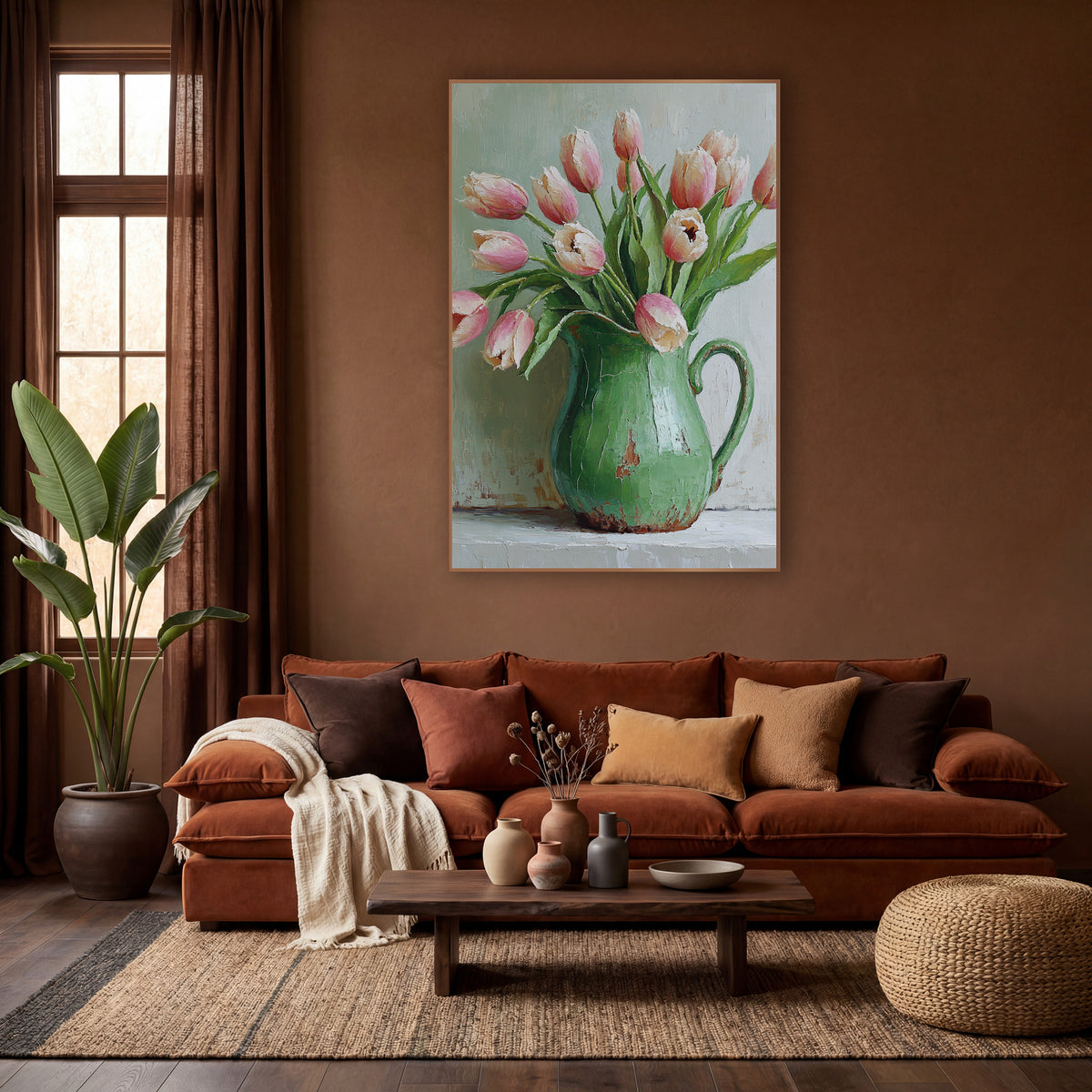 Blush Tulips Green Pitcher Still Life wall art in a warm boho-style room – pink and cream tulips leaning out