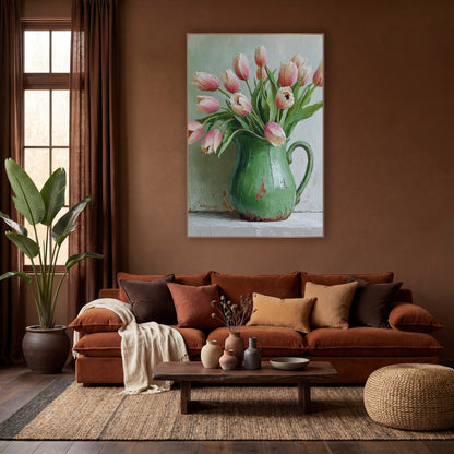 Blush Tulips Green Pitcher Still Life wall art in a warm boho-style room – pink and cream tulips leaning out